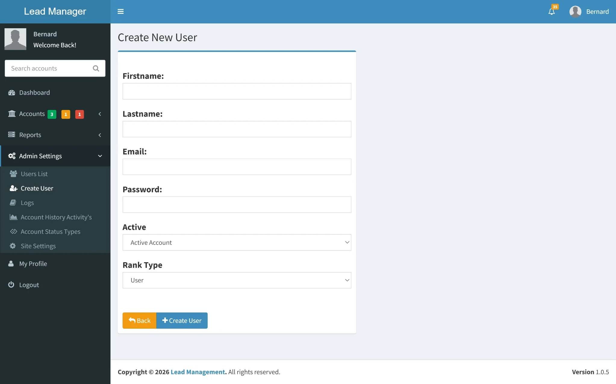 User Creation Panel